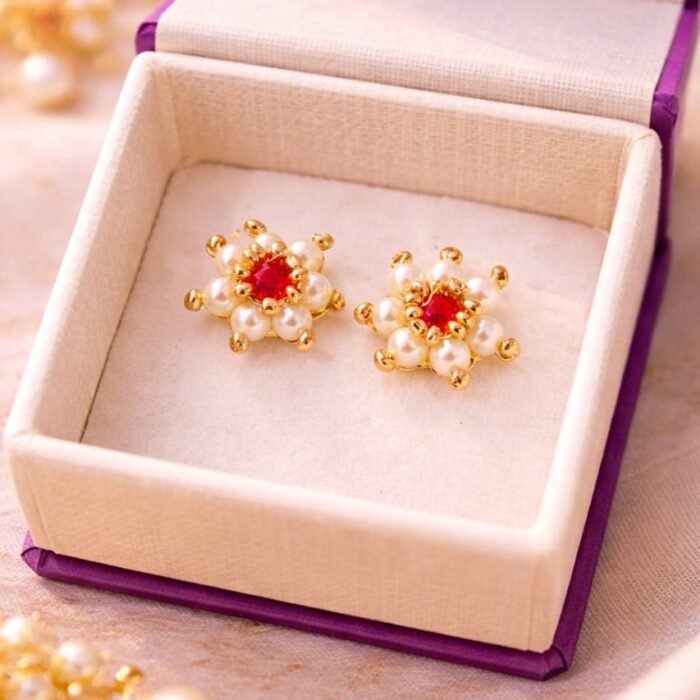Ruby Bloom Pearl Stud Earrings